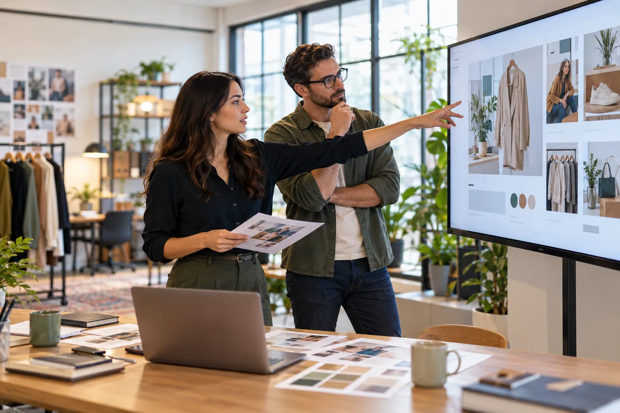 Marketing colleagues reviewing product advertising creative.